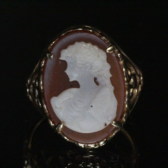 VINTAGE 10k GOLD CARVED CONCH SHELL CAMEO FILIGREE RING - Picture 5 of 8